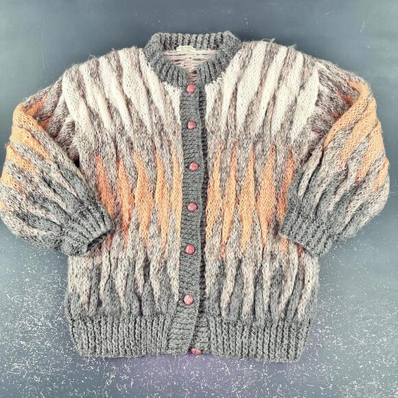 Sweaters - VTG 100% Mohair Cardigan Sweater Orange Gray White Button Front Handmade Chunky